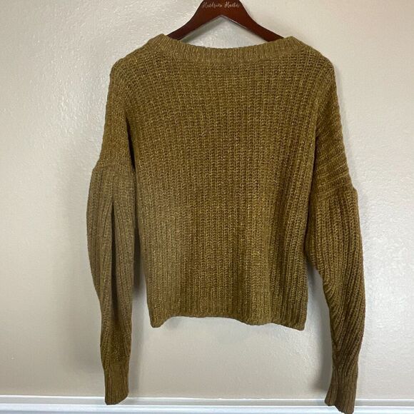 Madewell Chunky Camel Sz M Wool Blend Knit Sweater Puff Sleeve Boxy Crop Top H2 - Picture 7 of 12